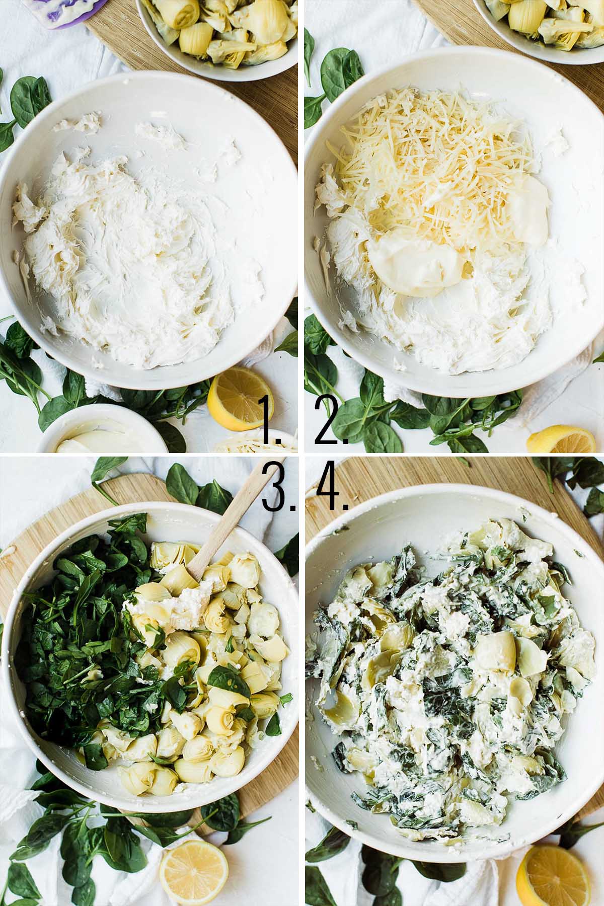 Collage of images making the spinach and artichoke dip.