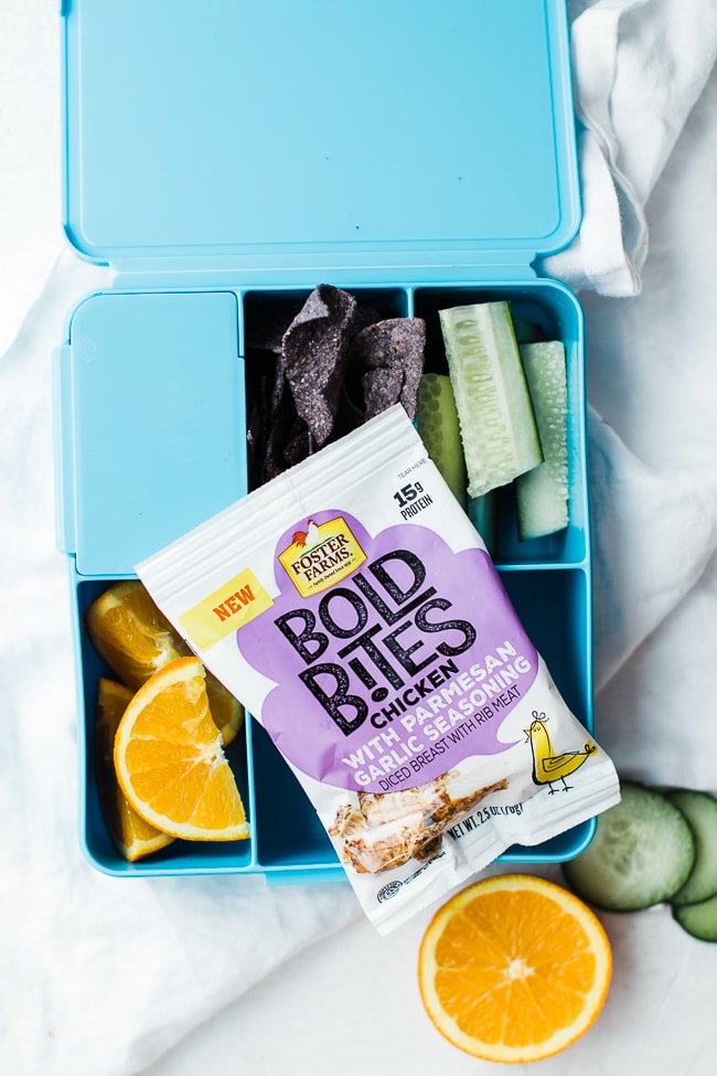 bag of bold bites in lunch box with fruit