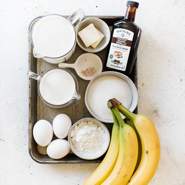 Ingredients needed to make easy banana cream pie recipe in a baking tray.