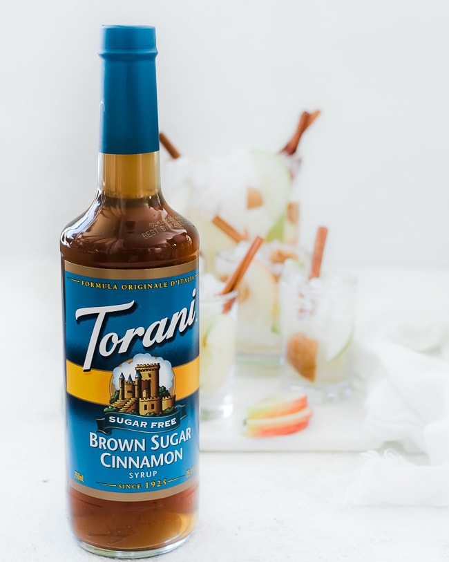 A close up shot of Torani bottle of brown sugar cinnamon syrup.