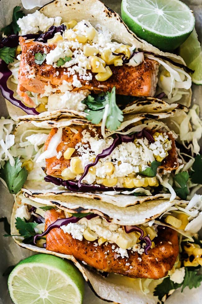 A close up of blackened salmon tacos.