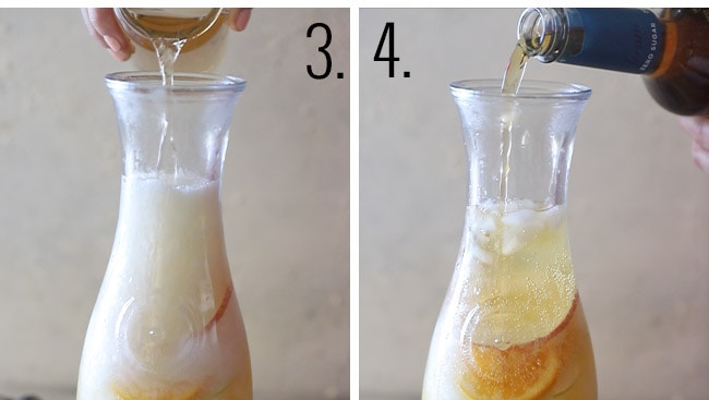 Pouring ingredients into a pitcher.