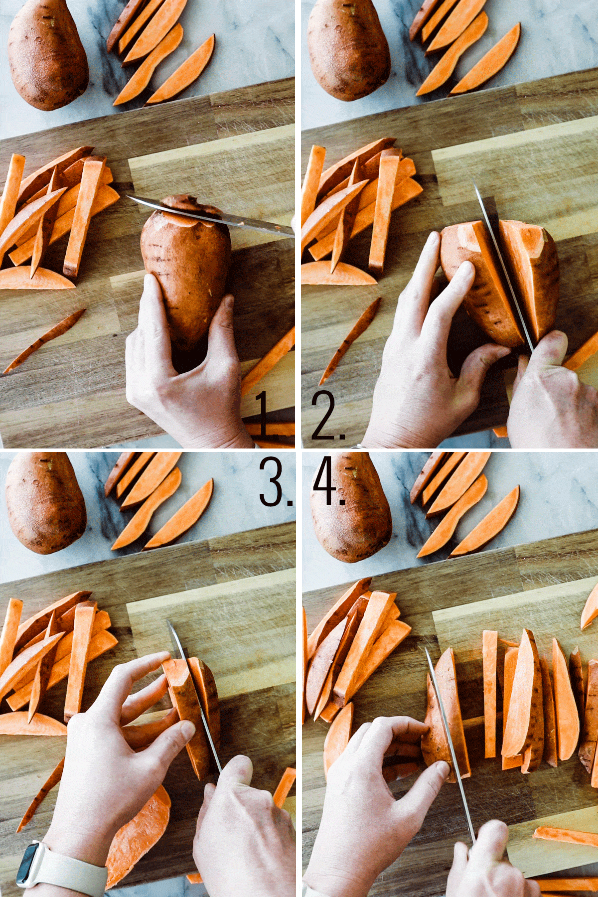 four photos showing cutting the sweet potato into fries. 