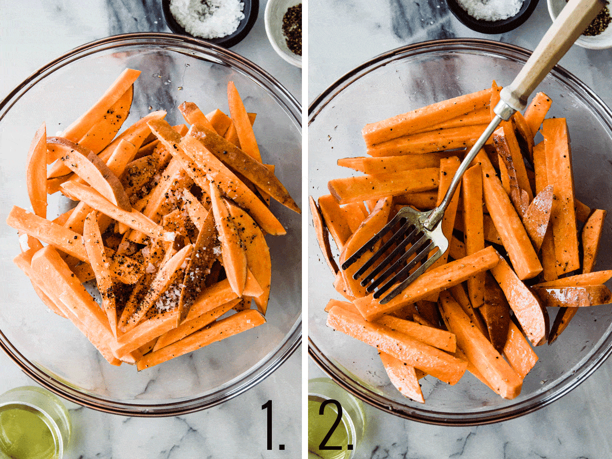 Raw sweet potato fries in large mixing bowl with oil and spices. 