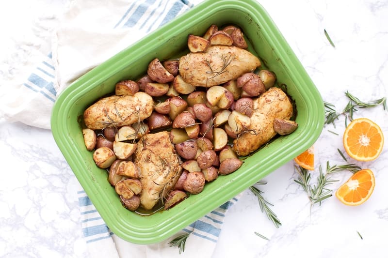Rosemary Chicken and Potatoes in baking pan