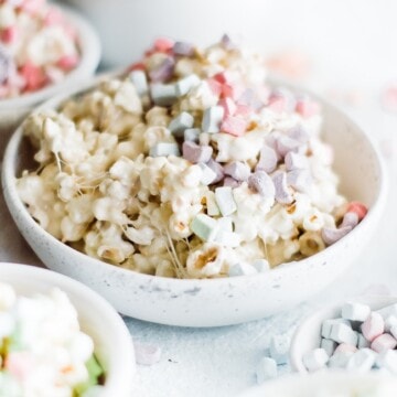 45 degree shot of marshmallow popcorn piled high in a bowl