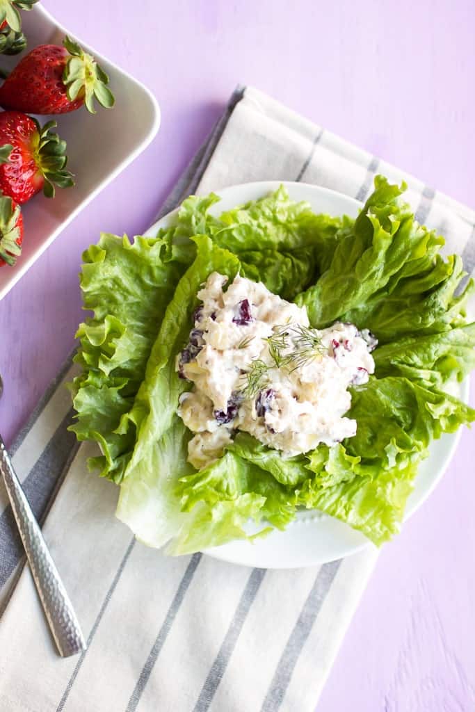 Chicken Salad in lettuce, with fresh strawberries on the side