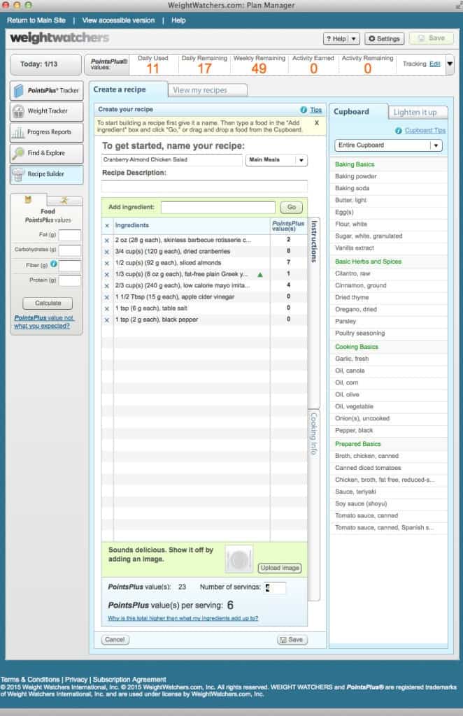 Screen Shot of weight watchers point count of recipe