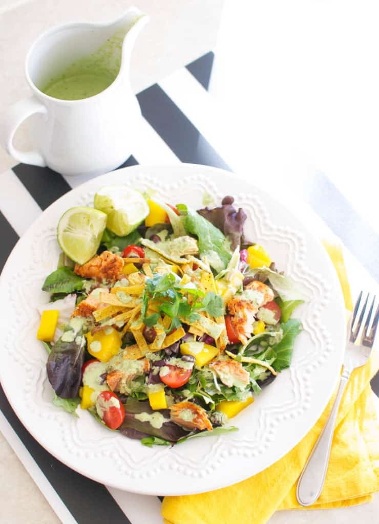 Caribbean Salad with Spicy Salmon and Creamy Tomatillo Dressing