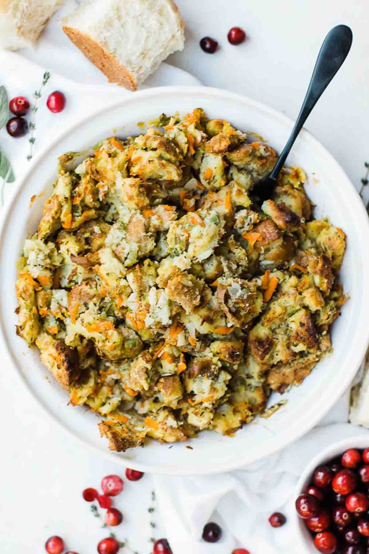 Big bowl of delicious flavorful homemade stuffing.