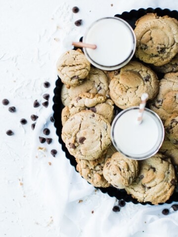 cookies on a tray with milk