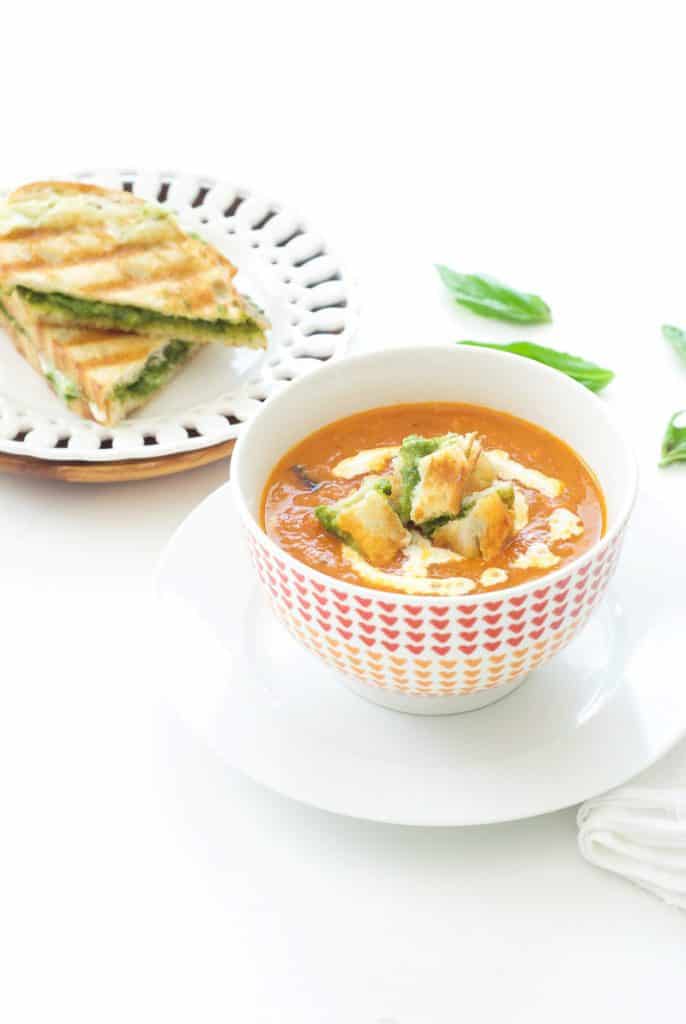 Roasted Tomato Soup with Pesto Grilled Cheese | Oh So Delicioso