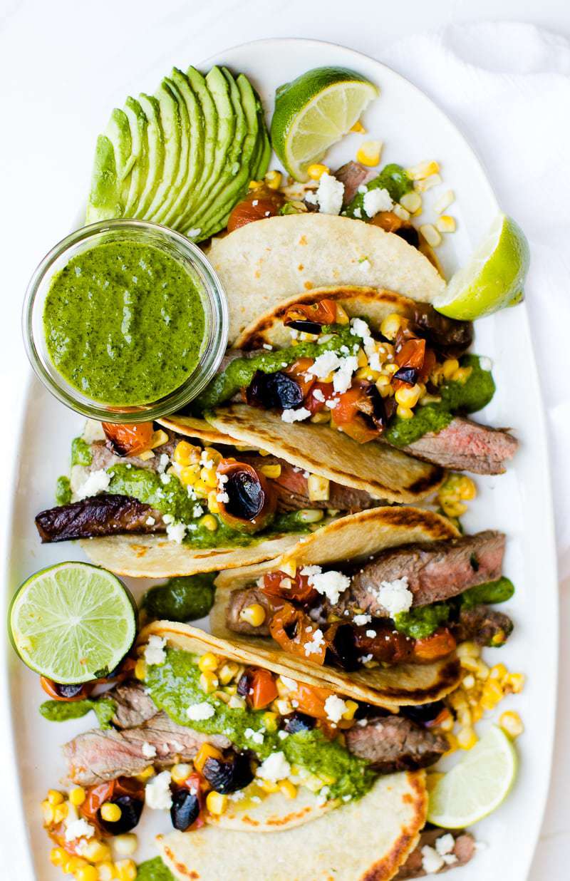 A close up of Chimichurri Steak Tacos on a plate