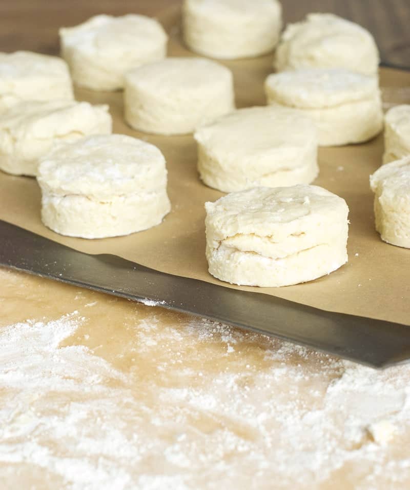 A side shot of Buttermilk Biscuits on a tray ready to be baked 