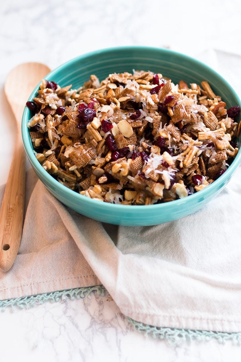 Chewy Trail Mix in bowl with wooden spoon