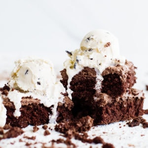 pieces of chocolate cake topped with ice cream