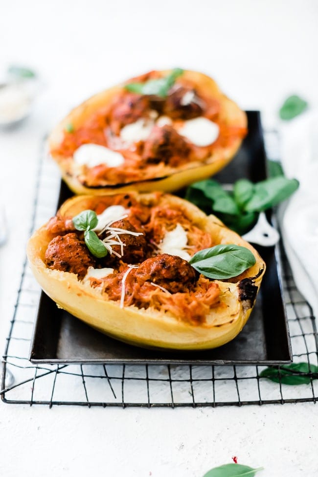 Spaghetti squash spaghetti served inside of the spaghetti squash rind. Topped with meatballs and goat cheese.