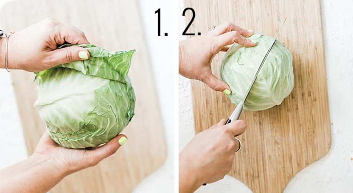 Peeling the outer leaves of the cabbage and cutting it in half.
