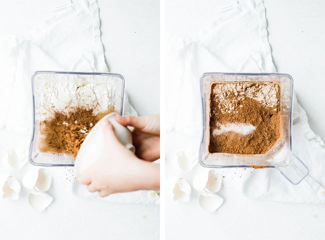 flour, salt and cocoa powder added to blender