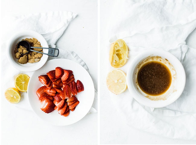 strawberries, lemon and brown sugar in bowls