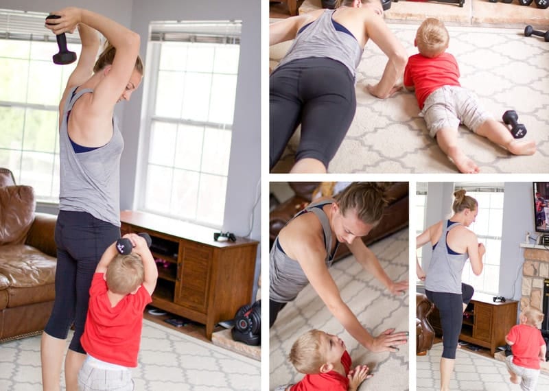 mother working out with her toddler son