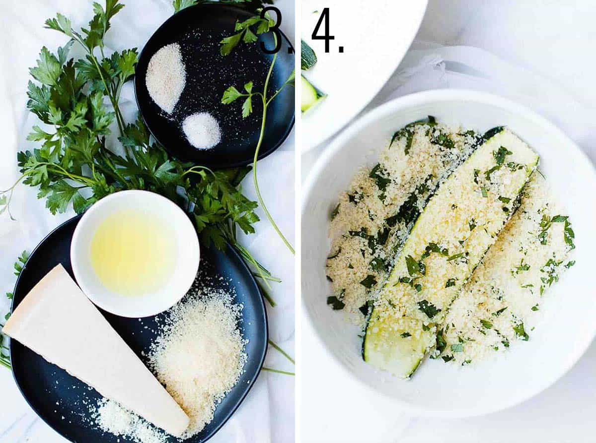 Ingredients to make parmesan mixture and then the zucchini in the breading in a bowl.