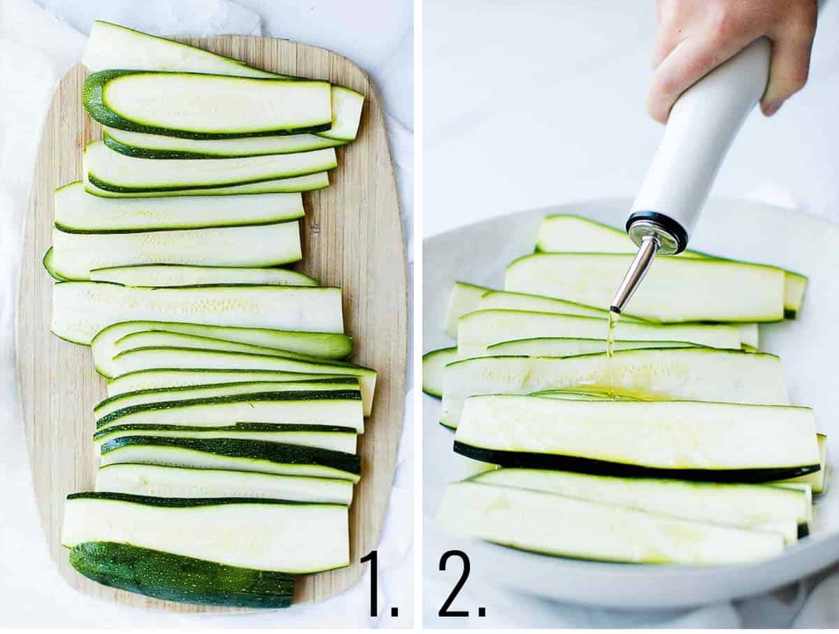 Sliced zucchini on a cutting board and then in a bowl with olive oil.