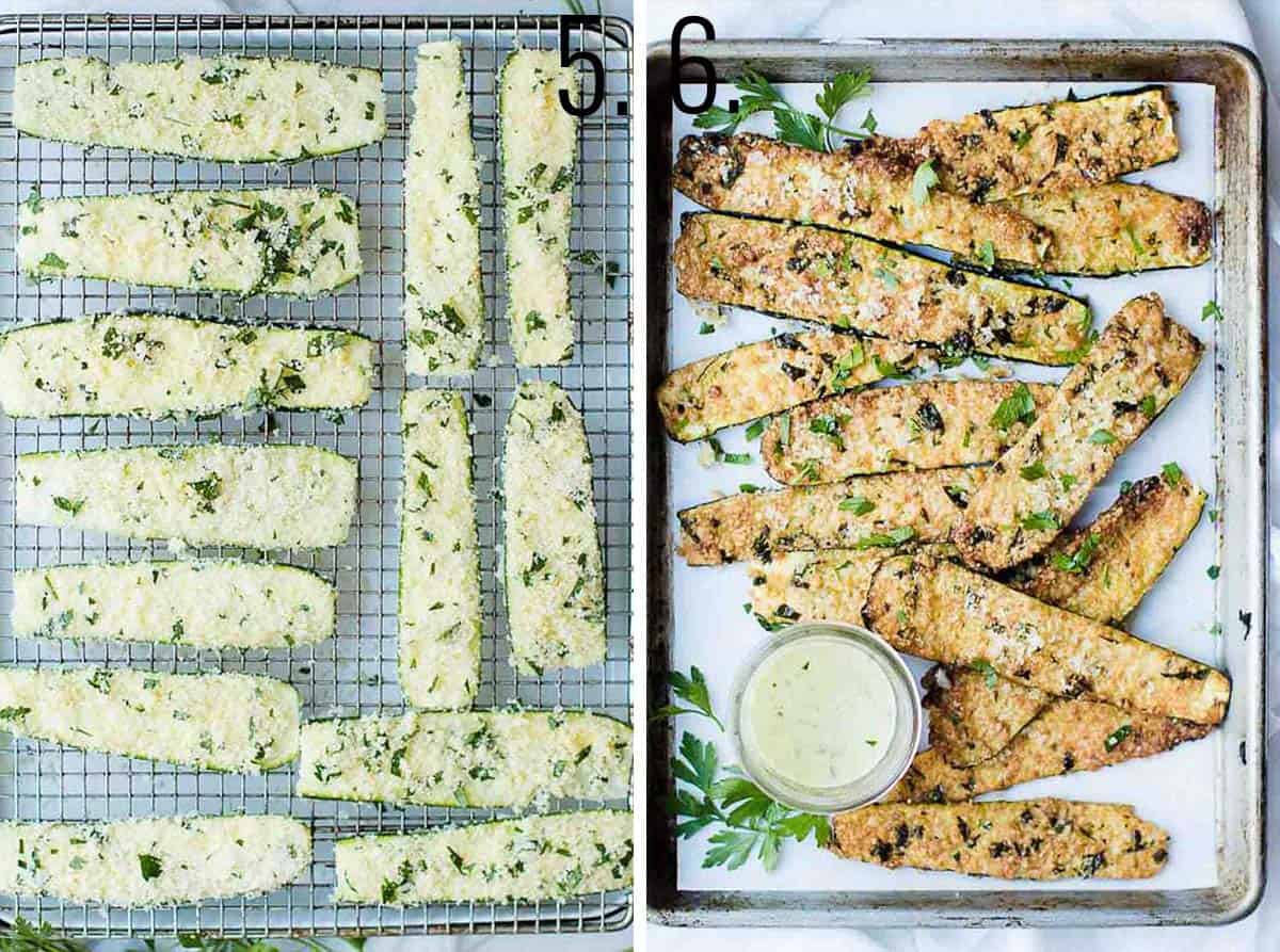 Coated zucchini on wire rack with cookie sheet and then after it's baked on the baking tray.