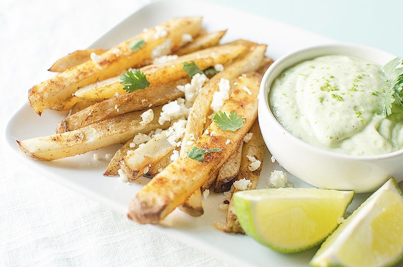 Chipolte Steak Fries on plate with avocado lime ranch