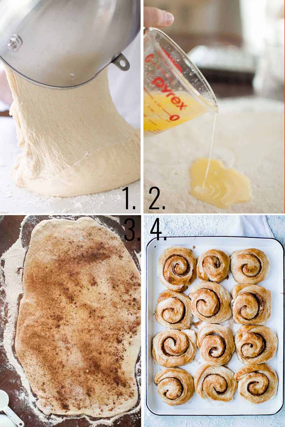 Collage of images showing how to make fluffy cinnamon rolls.