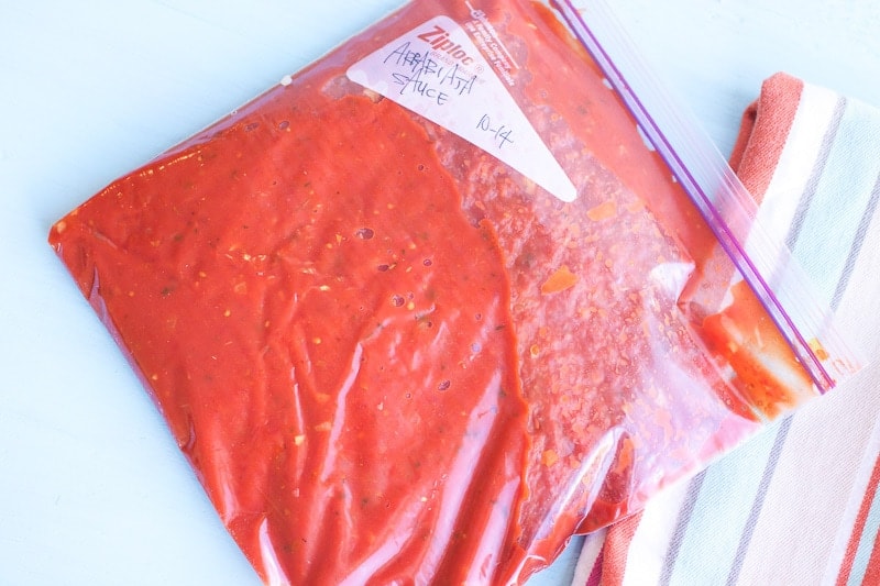 Arrabiatta sauce in freezer bag and labeled