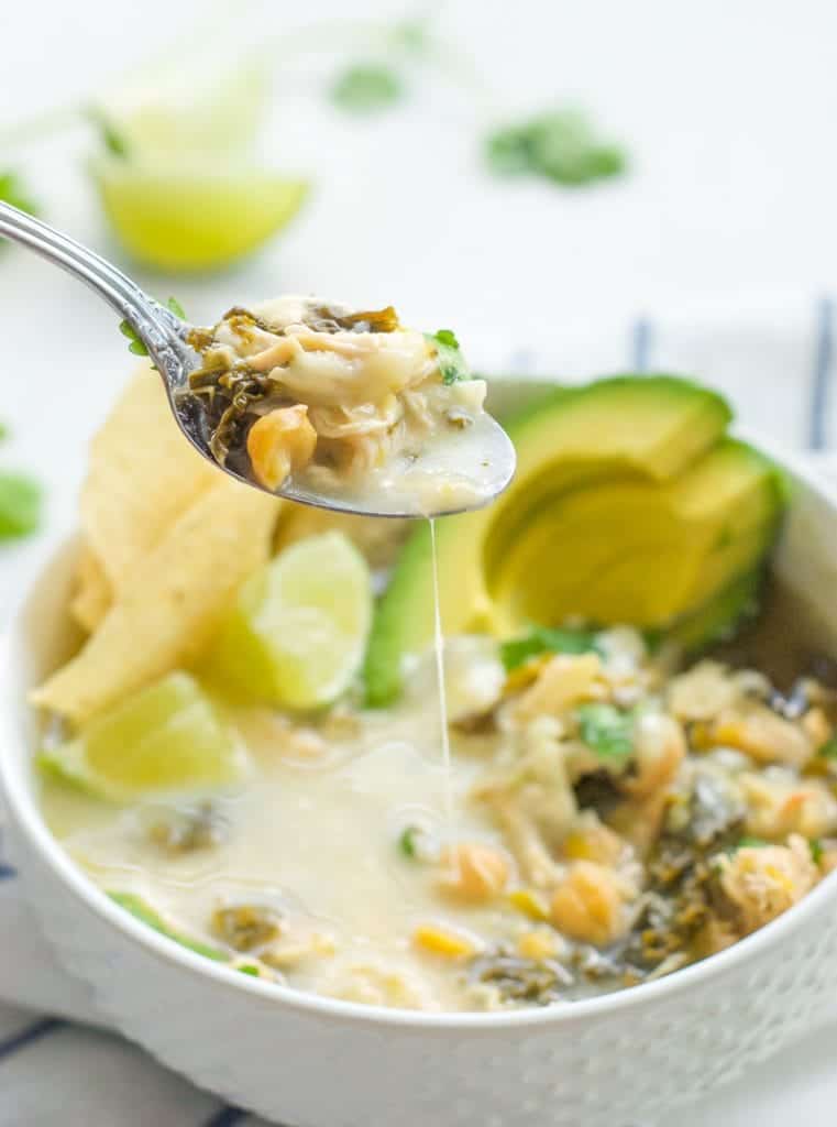 a spoonful of Salsa Verde Chicken and Kale Soup