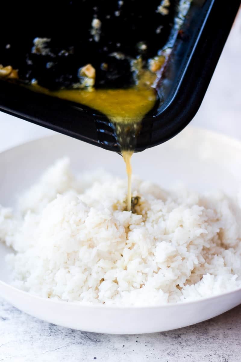 drippings being poured over rice