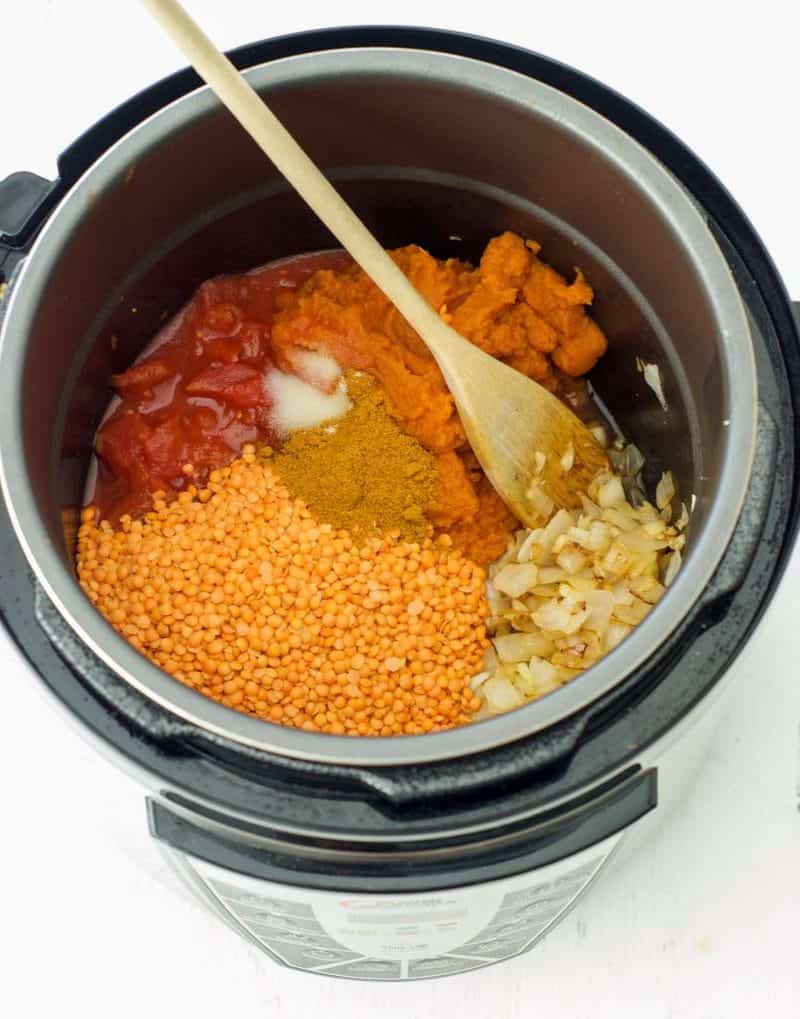 Pumpkin Coconut Lentil Soup ingredients in pressure cooker 