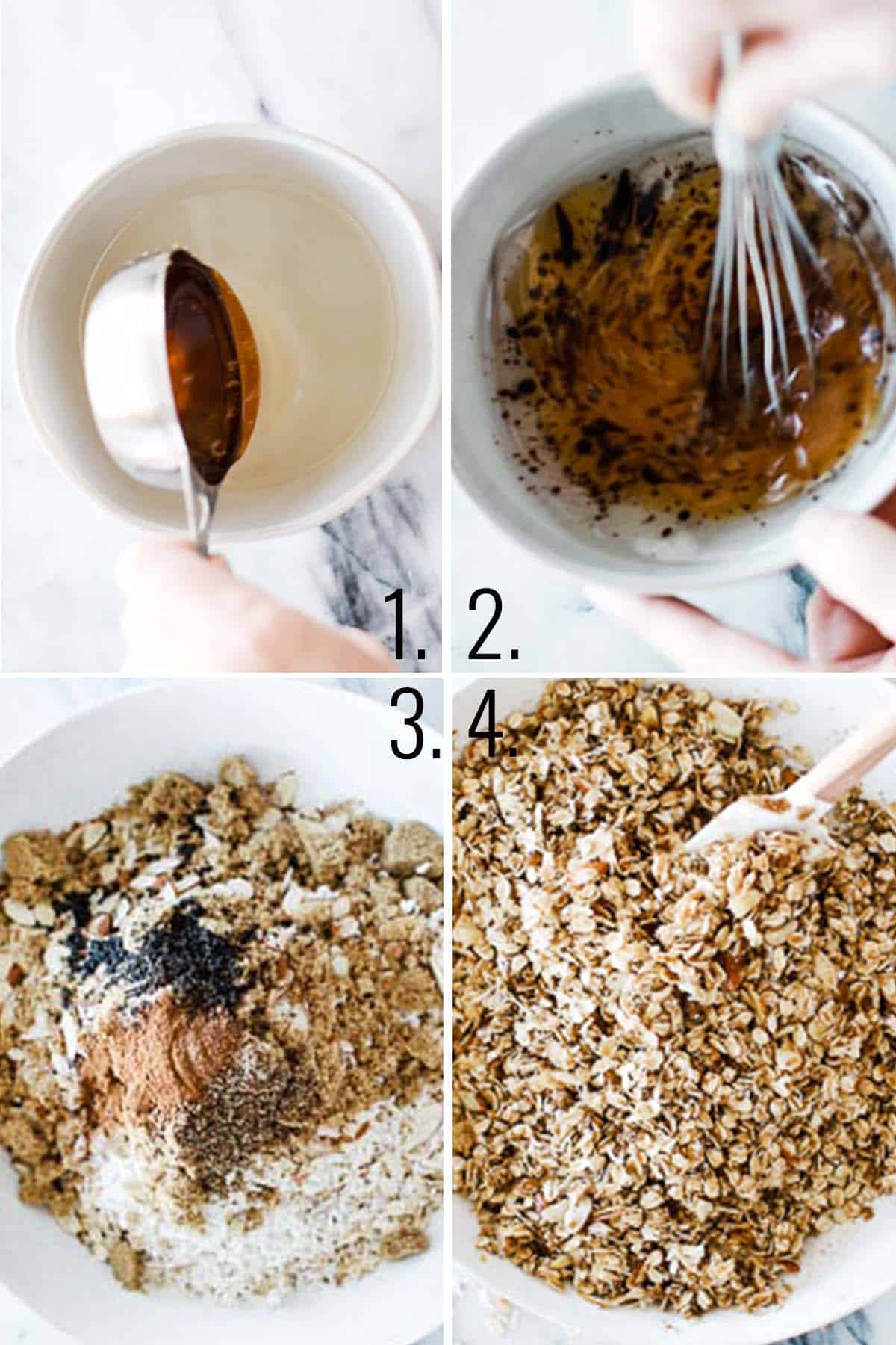 A collage showing the steps for making homemade granola.