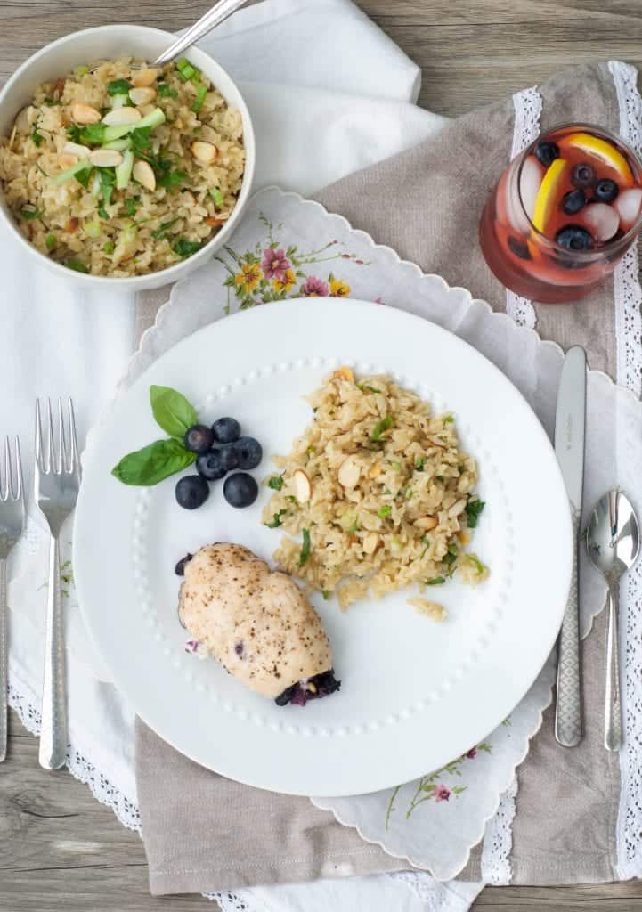 Blueberry Basil Chicken with Rice Pilaf with bowl of pilaf on the side
