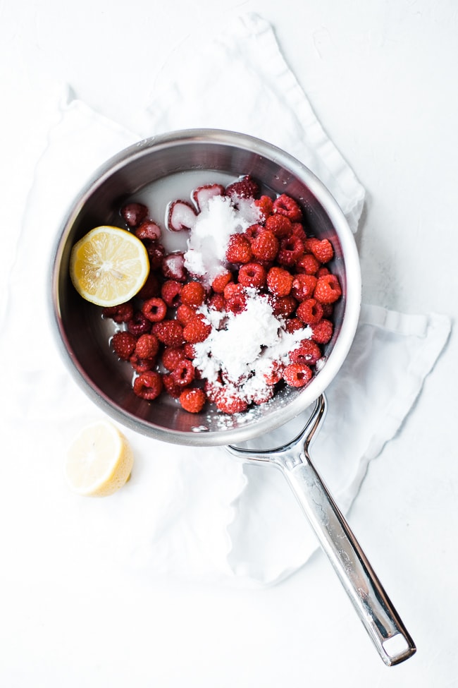 pan with raspberries, corn starch, sugar, water and lemon