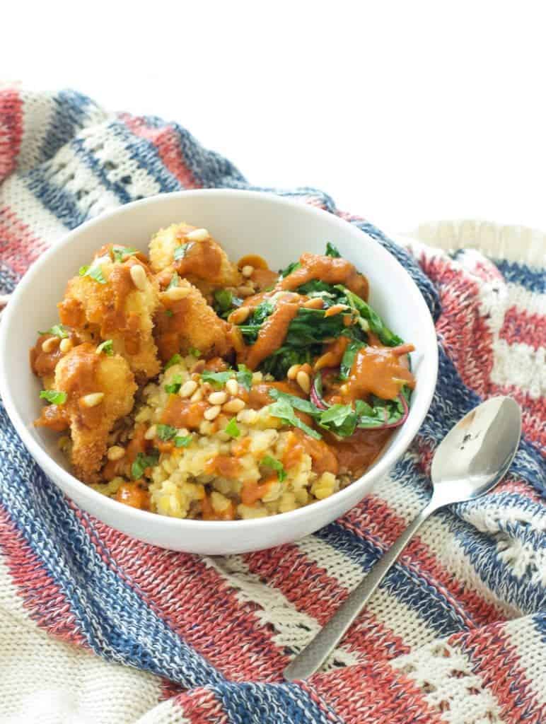 Lentil and Fried Cauliflower Curry Bowl on patterned cloth