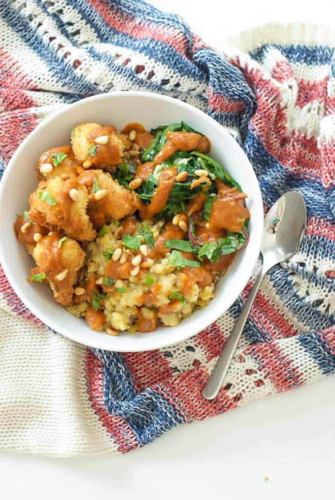 Lentil and Fried Cauliflower Curry Bowl on patterned cloth