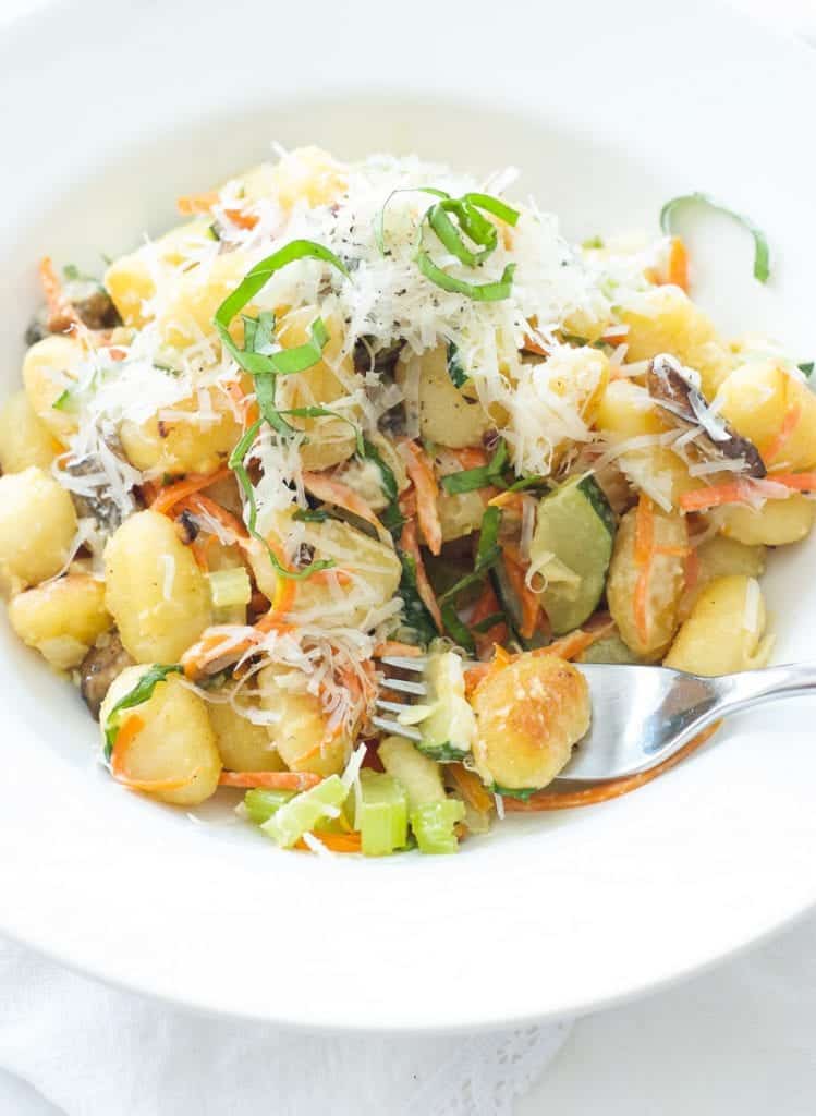 Fried Gnocchi and Creamy Vegetable Bowl overhead shot