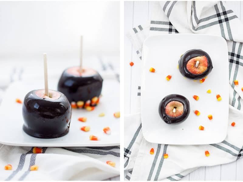 Caramel Apples with black caramel and candy corn