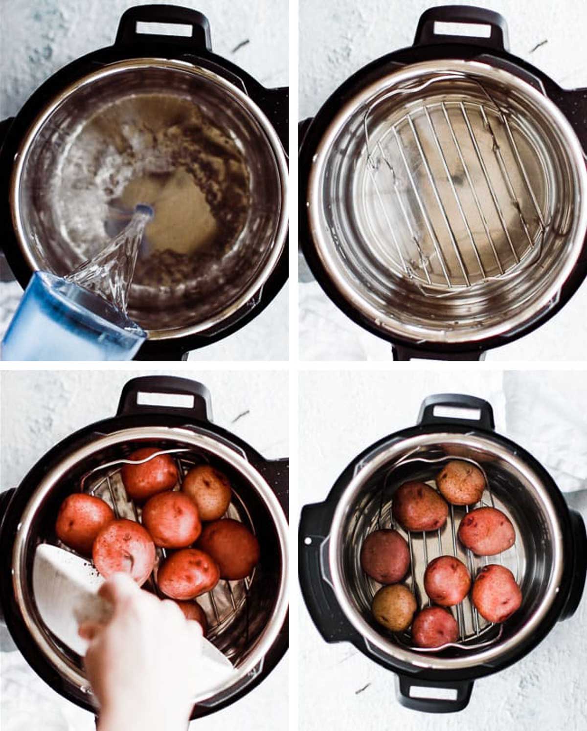 Collage of steps to put potatoes into instant pot to boil.