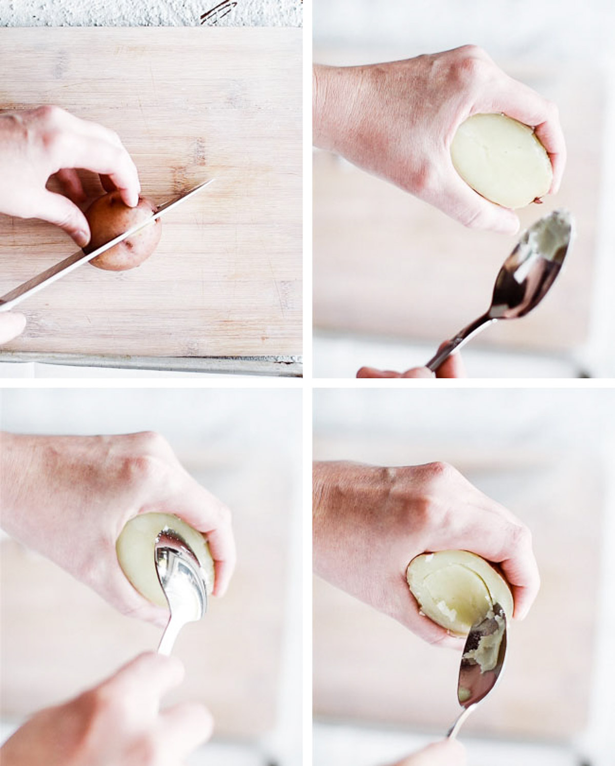 Collage of steps to scoop out potato flesh.