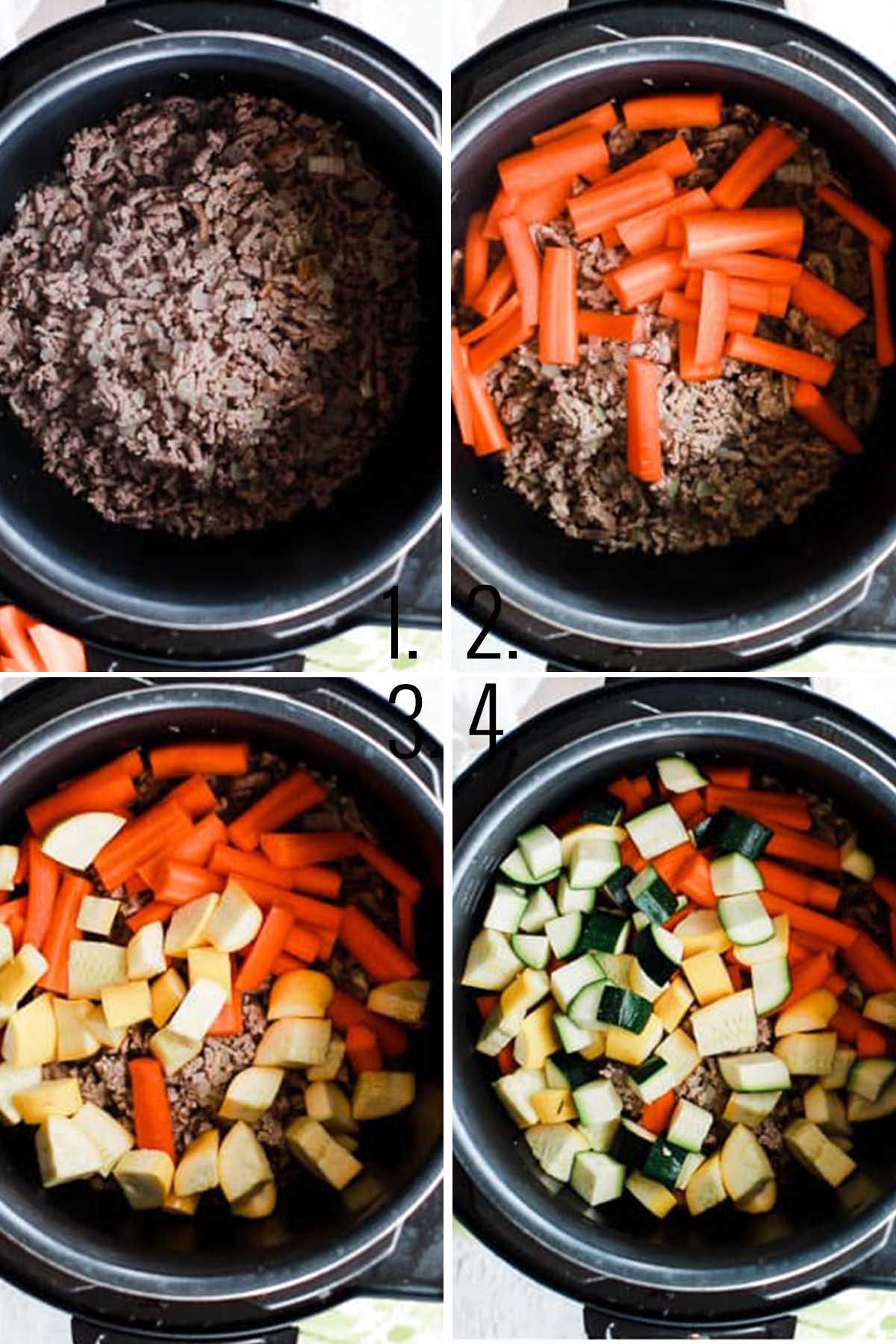 The first four step by step pictures of adding ingredients to instant pot to make vegetable weight loss soup.
