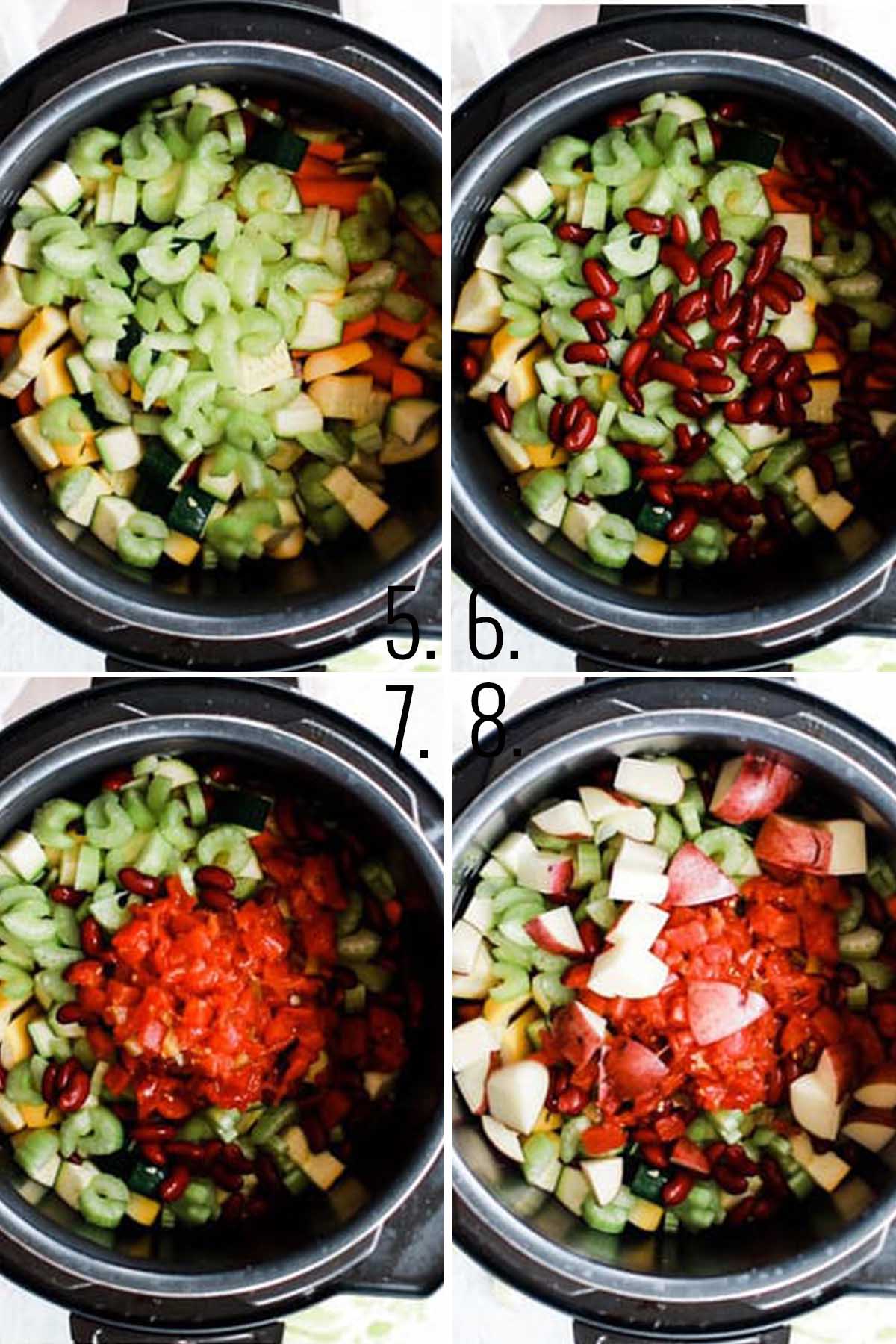 Collage of more step by step pictures of adding ingredients to instant pot to make weight loss vegetable soup.