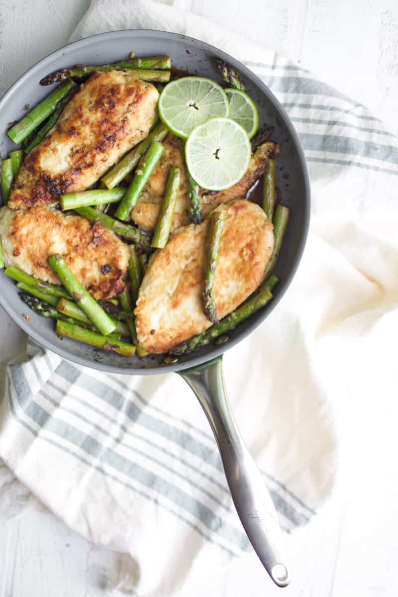 Chicken and Asparagus in skillet 