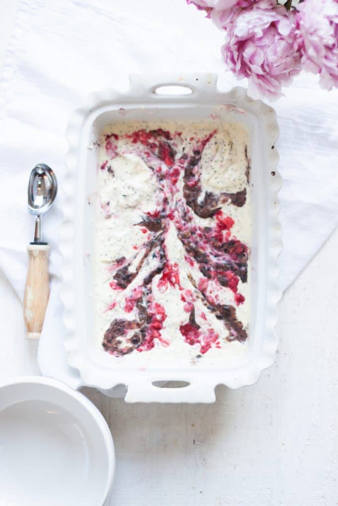 Overhead shot of Vanilla Berry Chia Seed Ice Cream in a rectangular dish