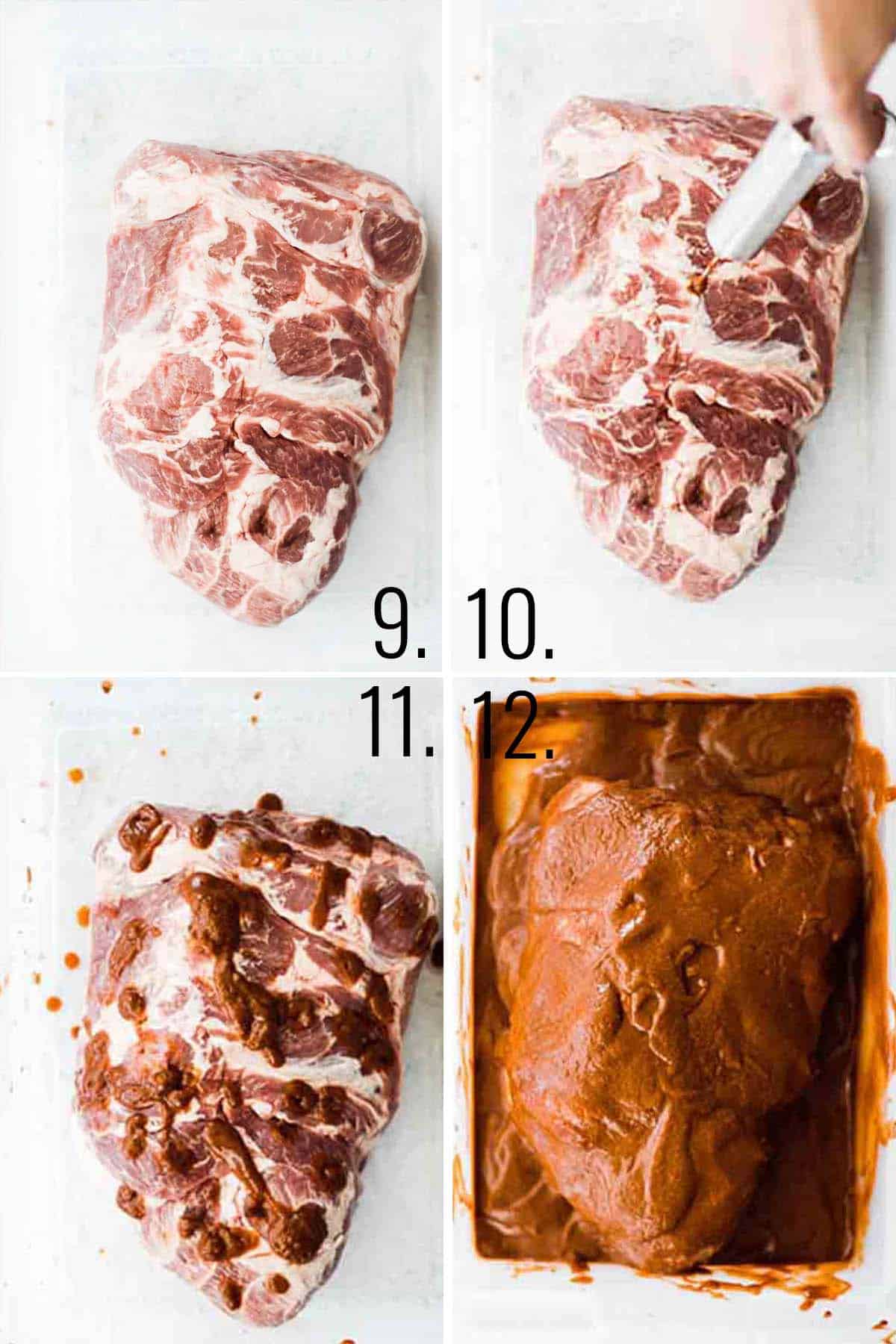A collage of injecting the pork shoulder with al pastor marinade.