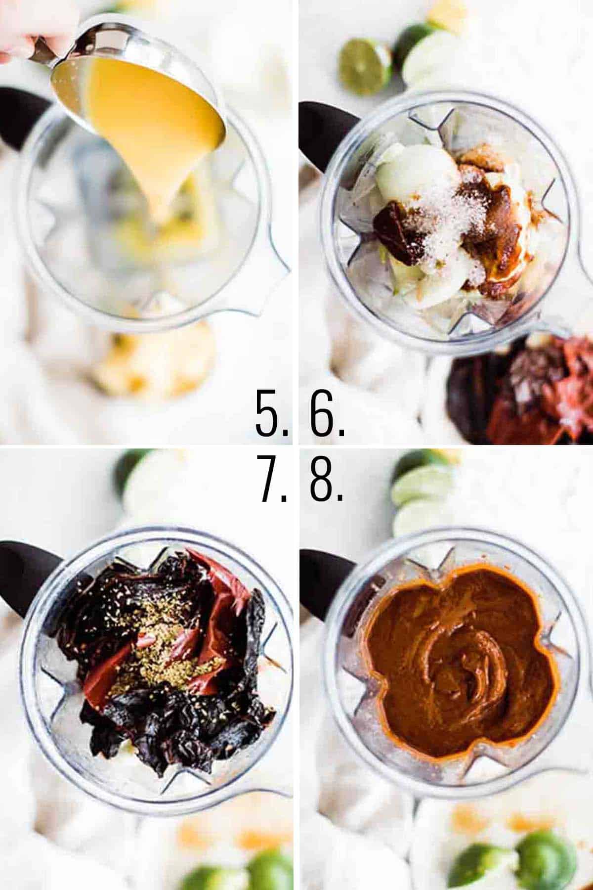 A collage showing the steps to make the al pastor marinade.