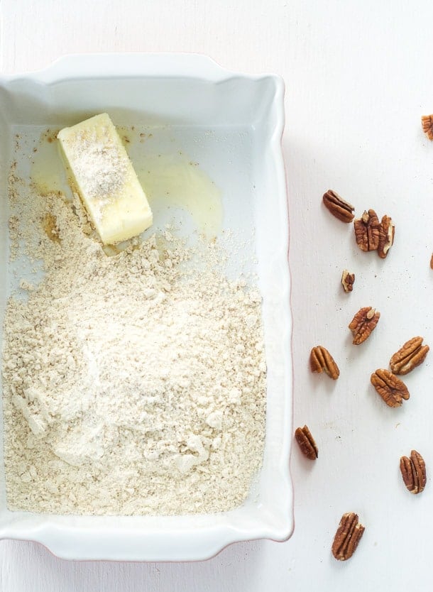 Overhead shot of flour and ground pecan mix with butter for making Barbershop Quartet